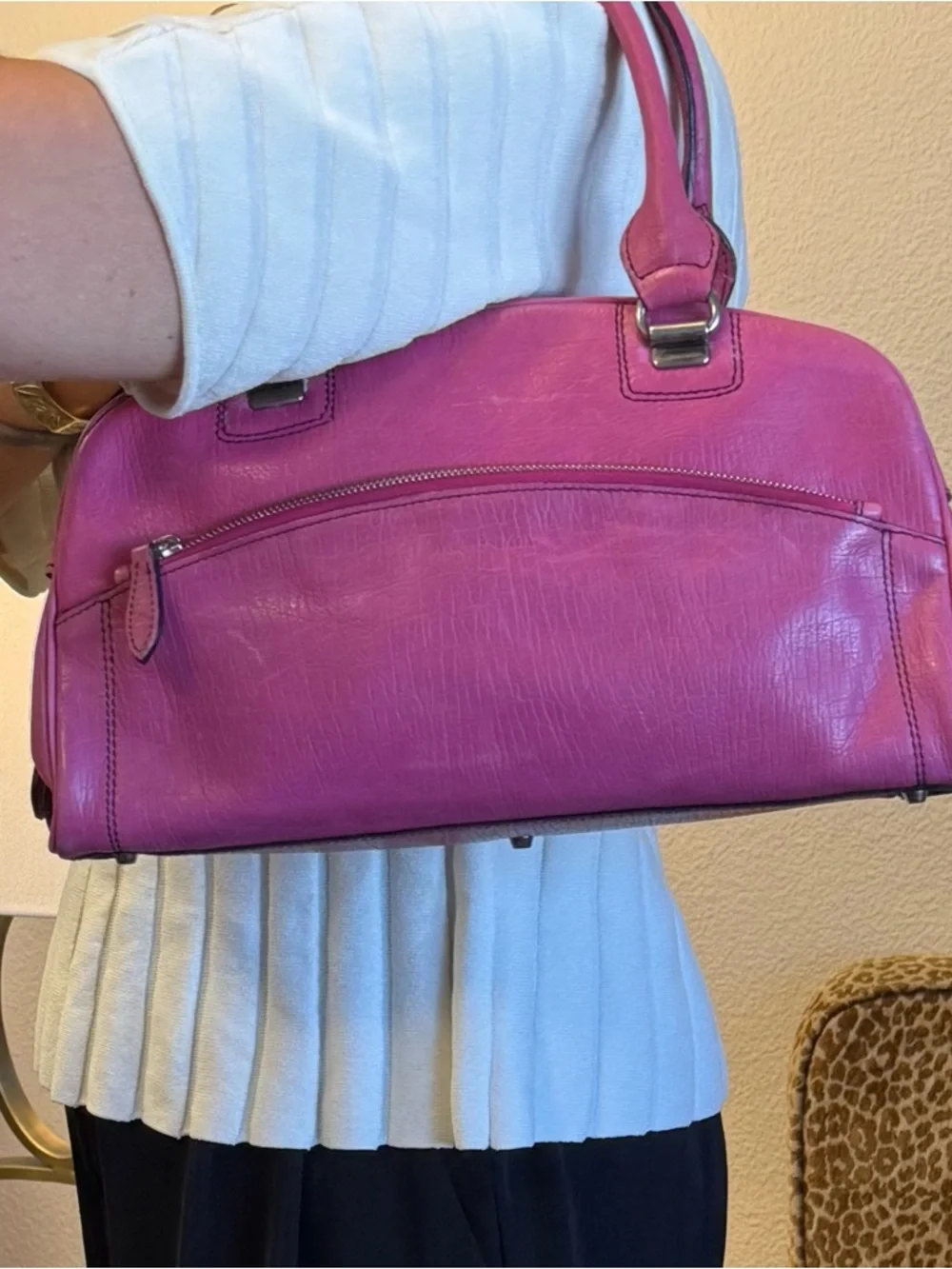 💯 Authentic FRANCESCO BIASIA Pink Leather Bowler Satchel Bag w Silver Hardware